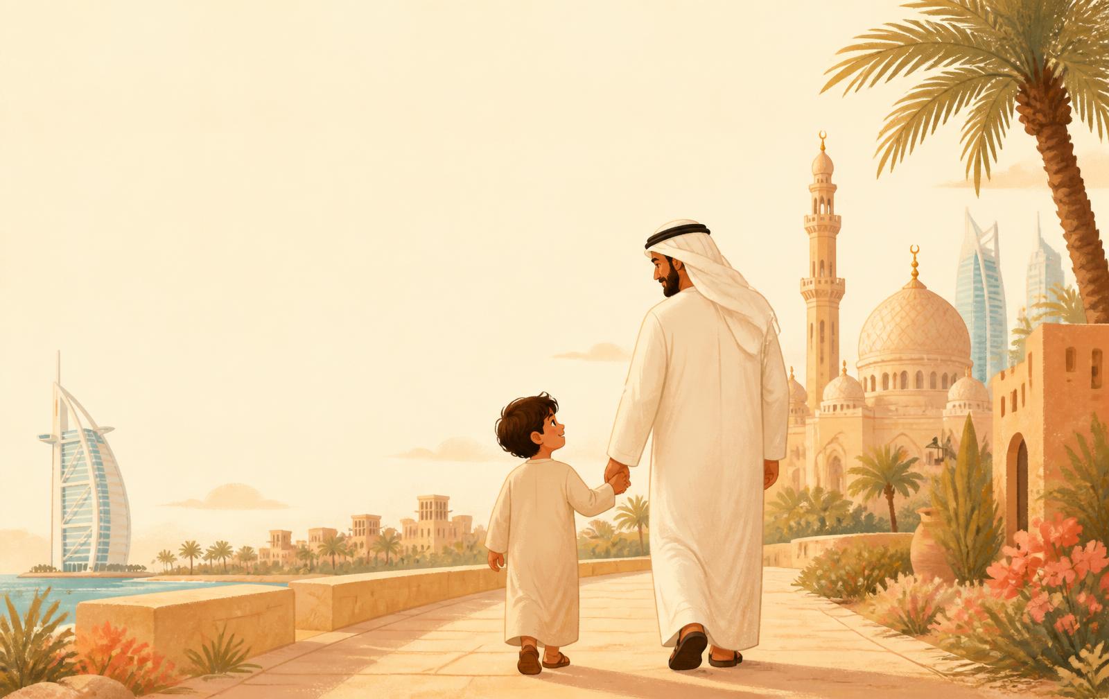 A parent and child walking together past Qatar landmarks